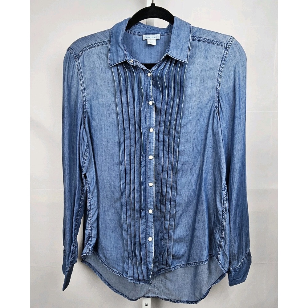 Sundance Chambray Denim Blue Pleated Pearl Snap Long‎ Sleeve Shirt Top Xsmall